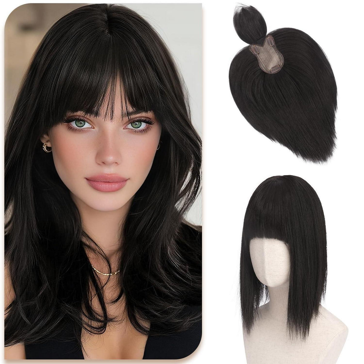 Haar Topper mit Pony – Natürliches Schwarz, Dünnes Haar