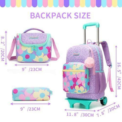 Schulrucksack Trolley Mädchen Lila Blumen – 3in1 Set mit Lunchbag & Federmäppchen