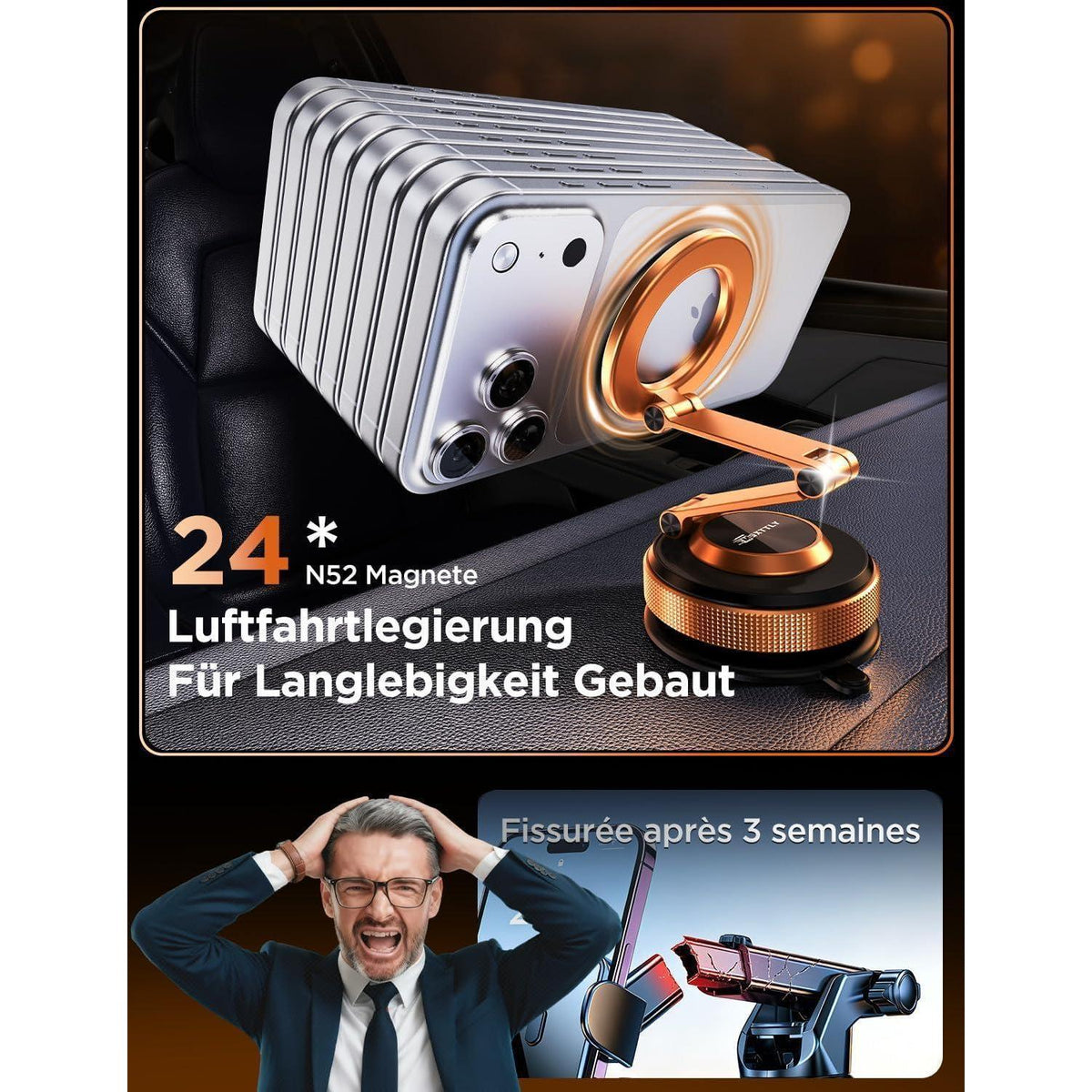 Magnetische Handyhalterung Auto mit Dual-Arm & Nano-Saugfuß Orange