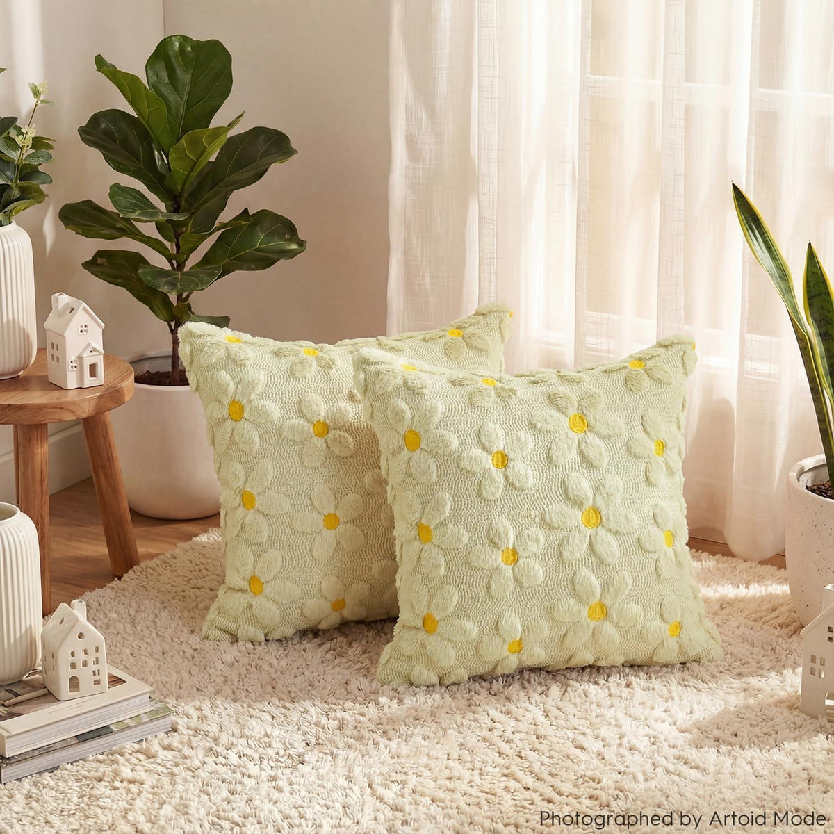 Beige Gänseblümchen Kissenbezüge 2er Set 40x40 cm Plüsch