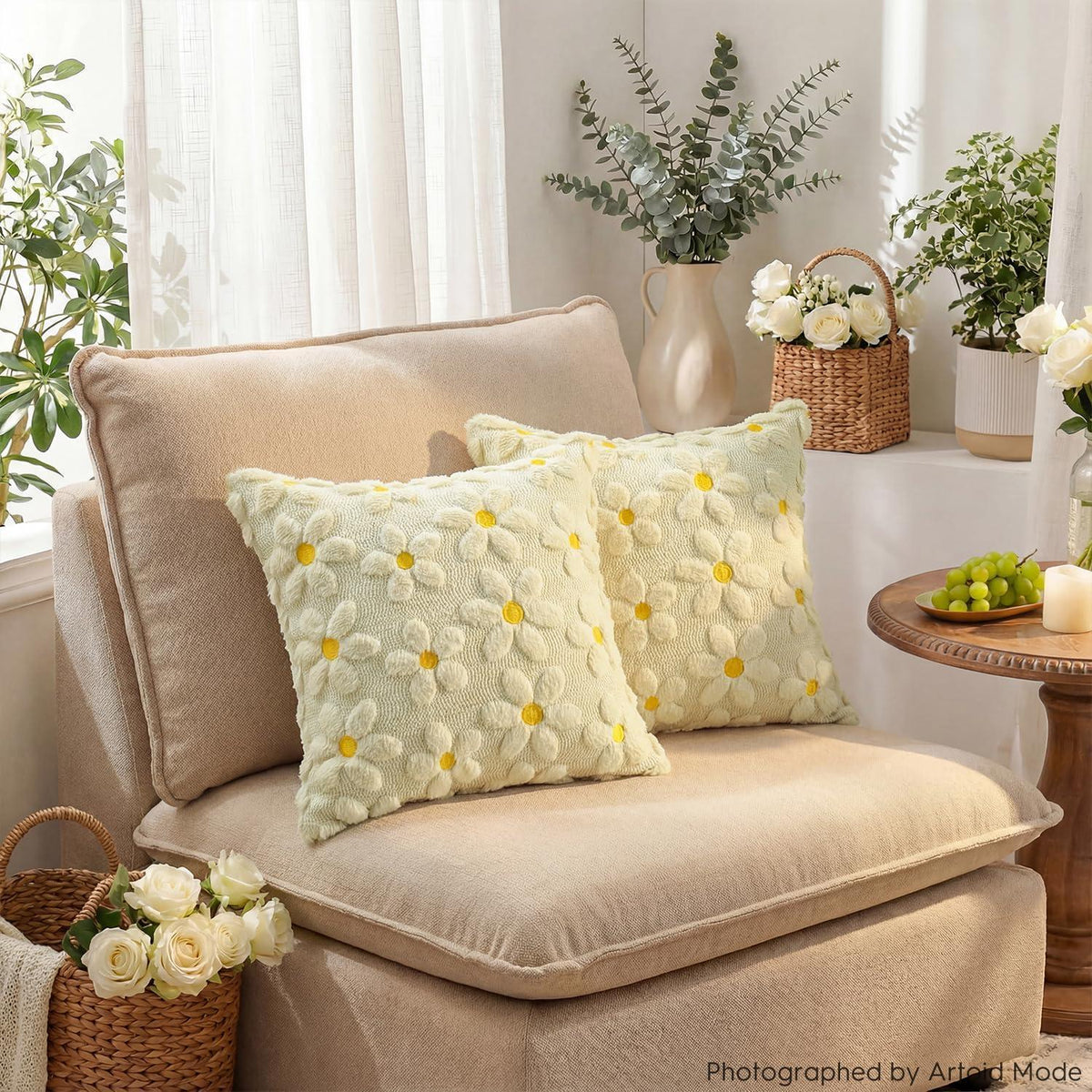 Beige Gänseblümchen Kissenbezüge 2er Set 40x40 cm Plüsch