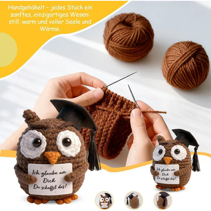 Handgehäkelte Abschluss-Eule mit Doktorhut – Glücksbringer Geschenk
