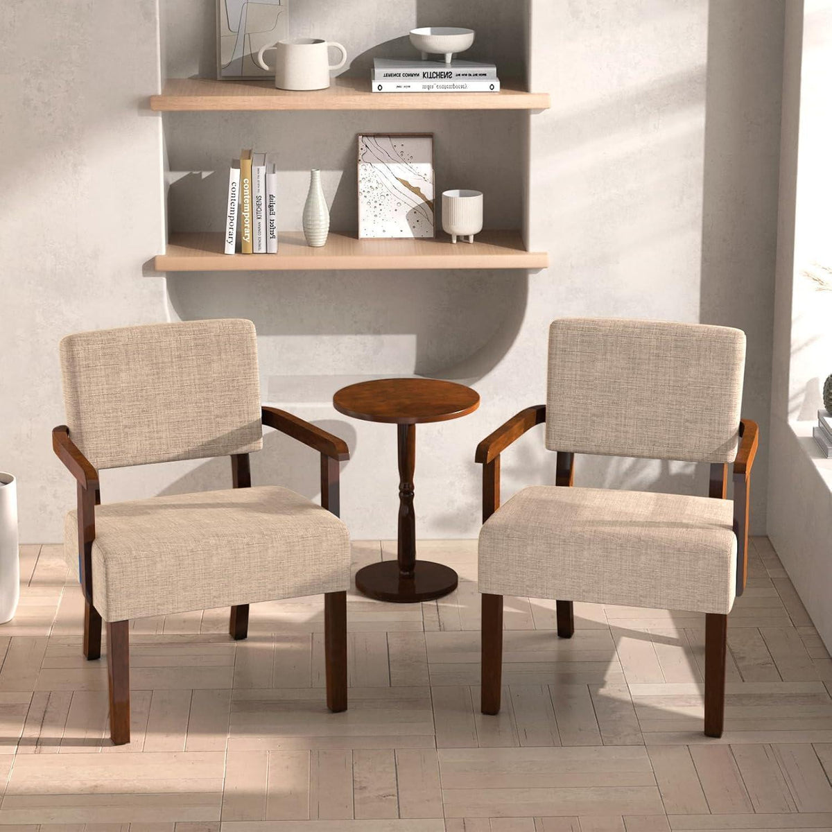 Loungesessel Set 2 Sessel & 1 Tisch – Beige Leinen, Komfort & Stil