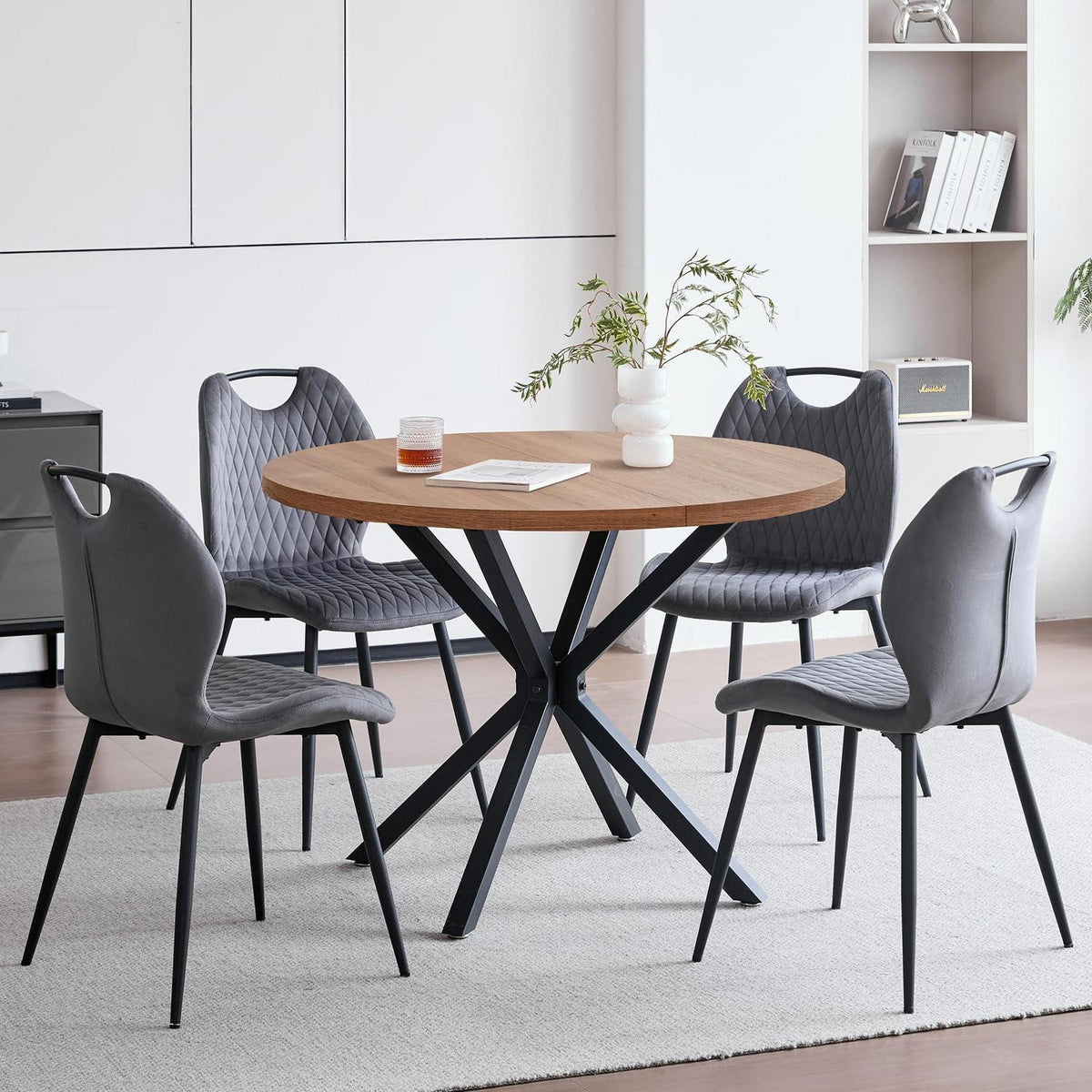 Rundes Esszimmer-Set Dunkelgrau | Esstisch + 4 Stühle