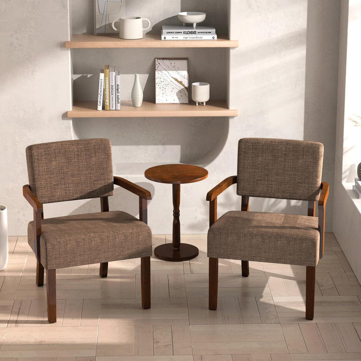 Loungesessel Set 2 Sessel & 1 Tisch, Braun, Bequemes Leinen Design