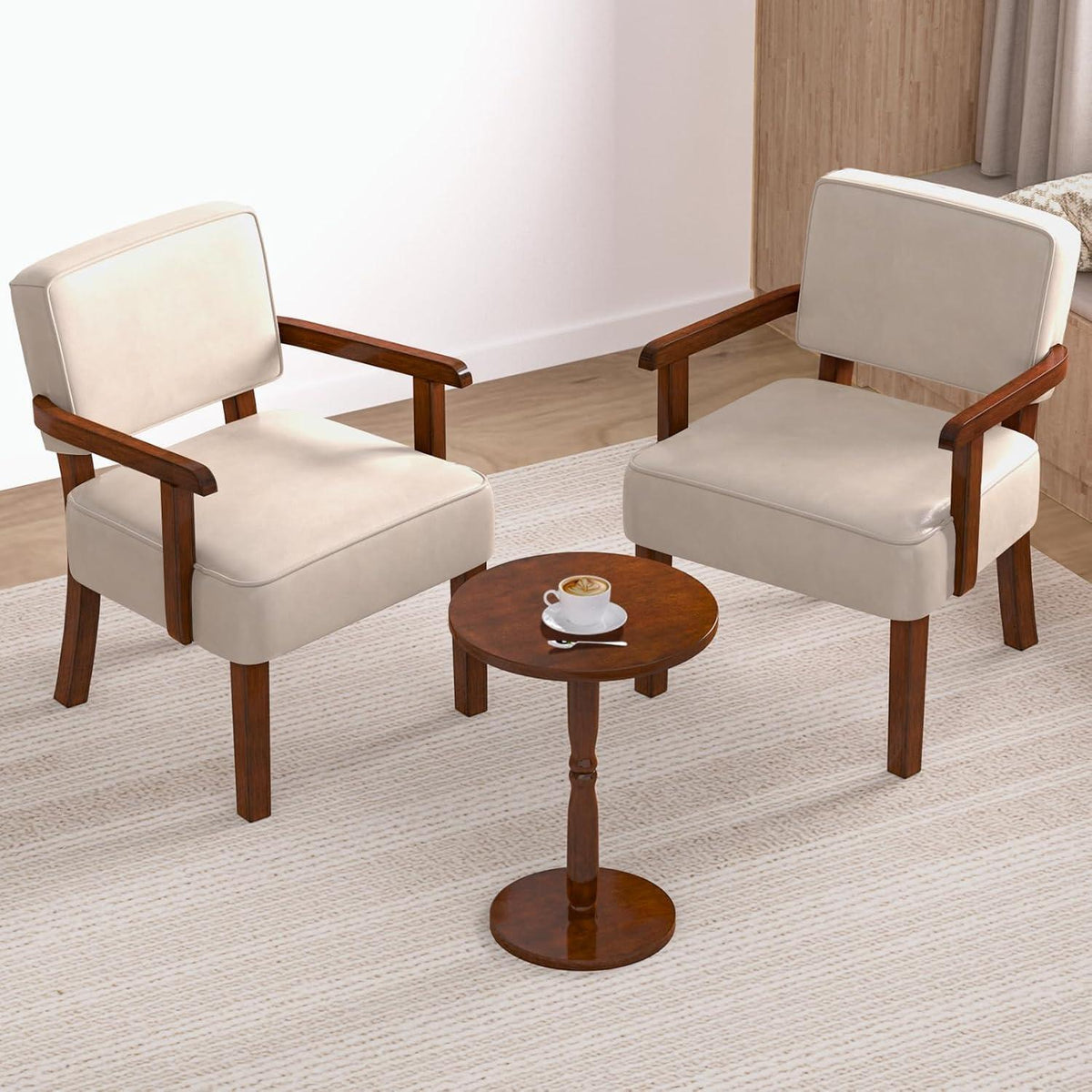 Retro Loungesessel Beige mit Fußhocker & weichem Sitz in Lederoptik