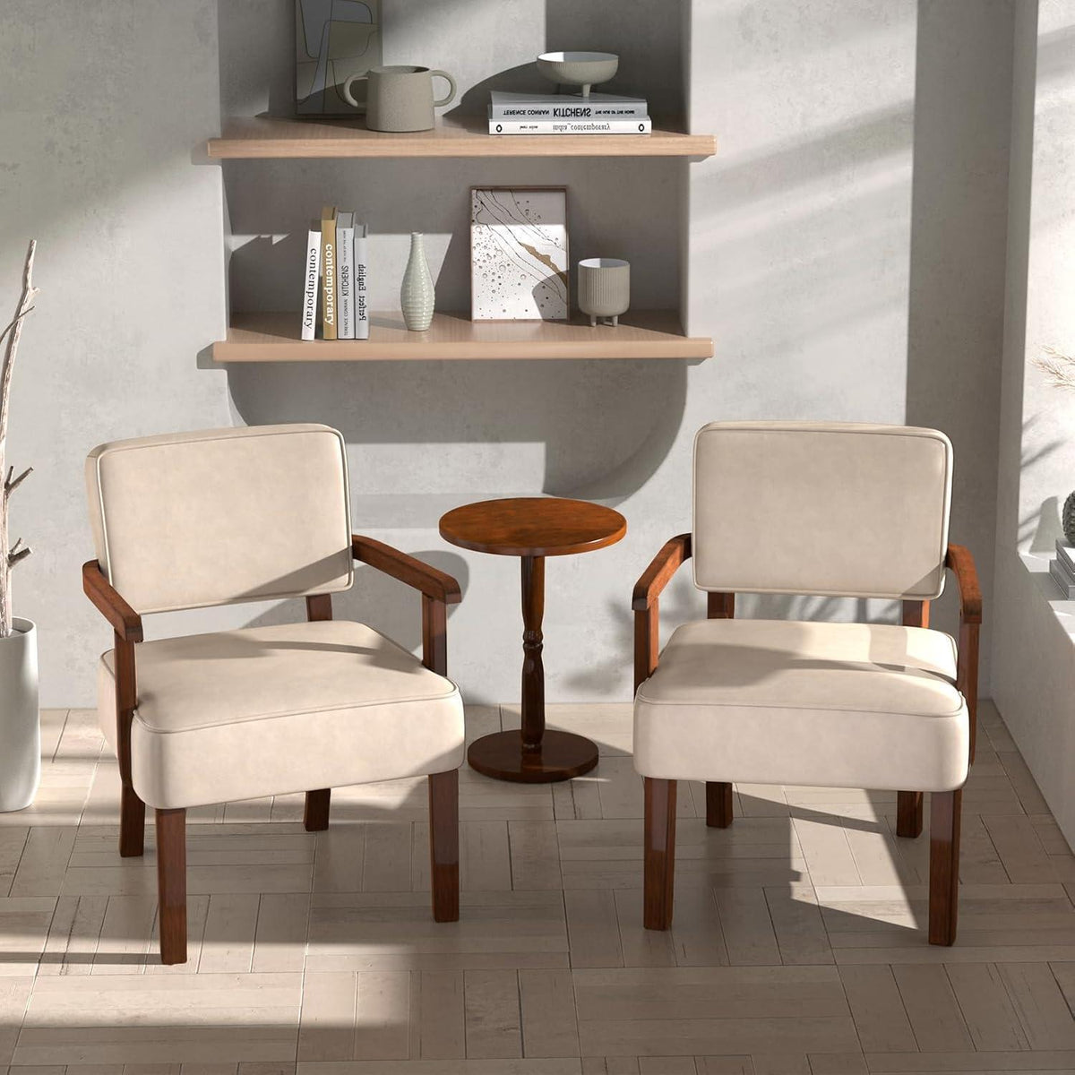 Lounge-Sessel Set (2 Sessel + 1 Tisch) – Beige Relaxstuhl in Lederoptik