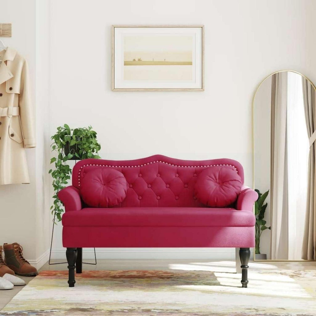 Sitzbank 2-Sitzer mit Kissen, Weinrot, Samtoptik & Modernes Design