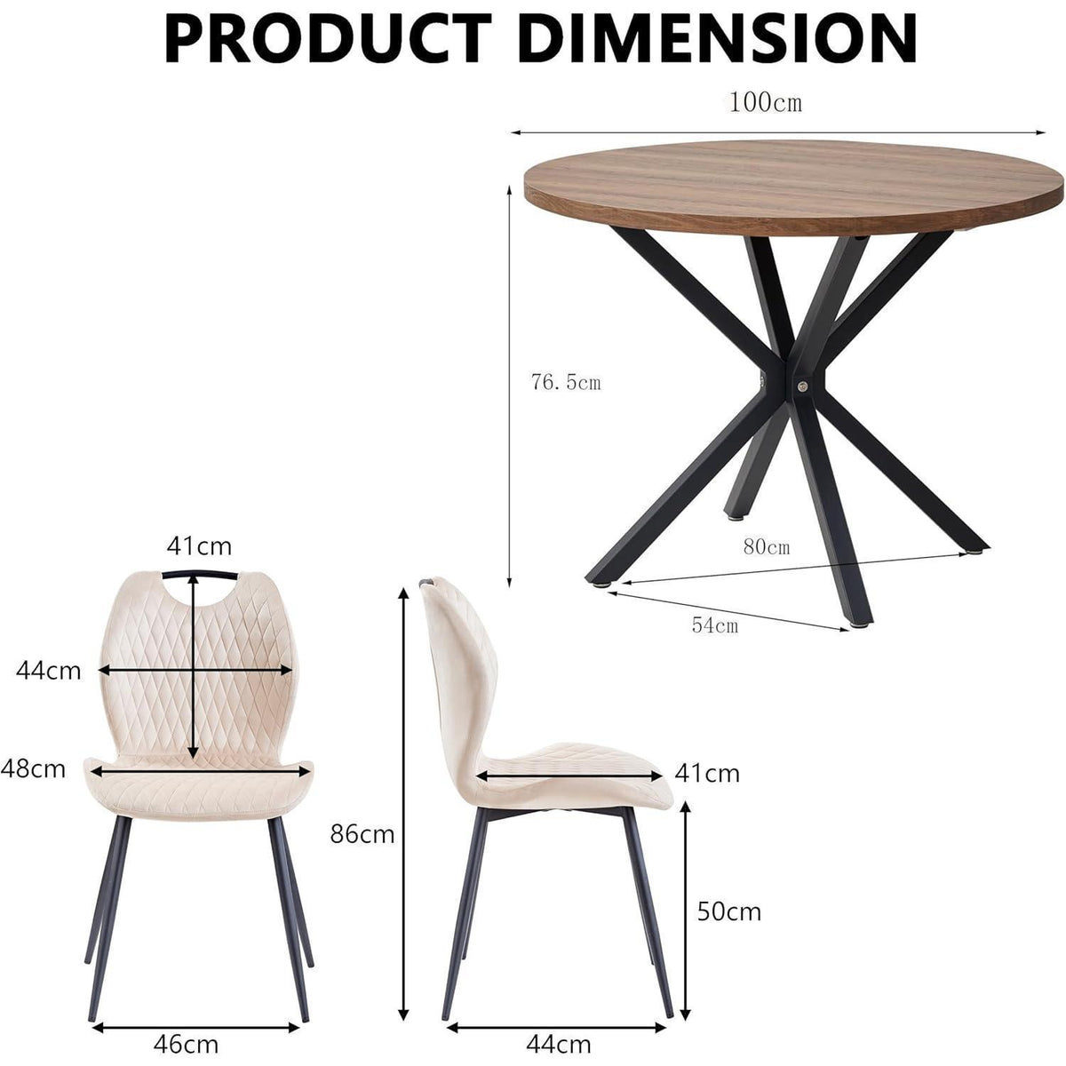 Rundes Esszimmer-Set Dunkelbraun & Beige | Tisch + 4 Stühle