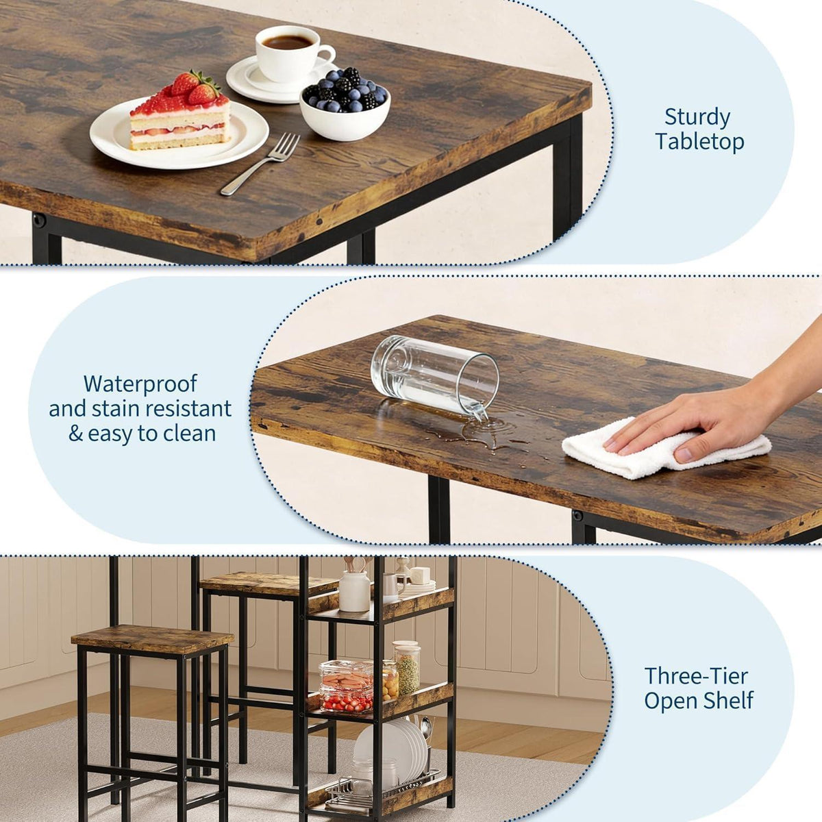 3-teiliges Bar Tisch Set mit Hockern & Regalen – Rustik Braun