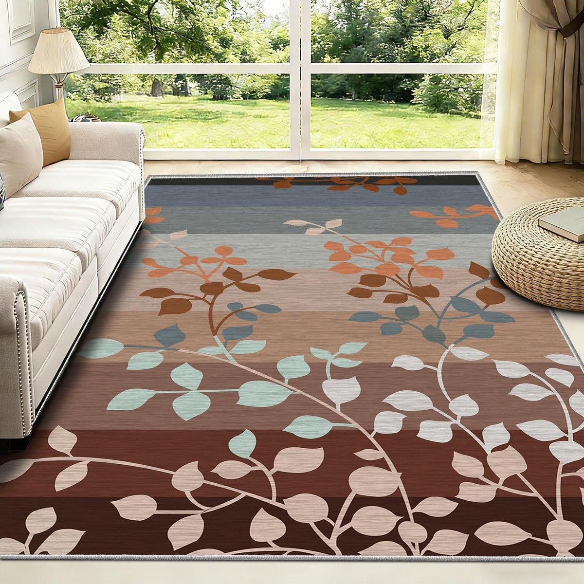 Waschbarer Teppich Braun & Grau – Blätter Muster, 200x300 cm
