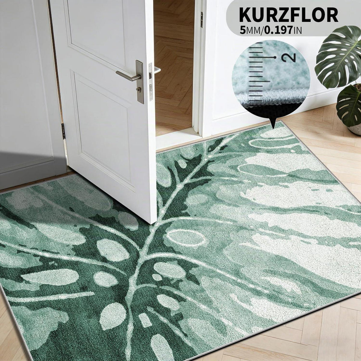 Grüner Kurzflor Teppich 160x230cm – Waschbar & Rutschfest