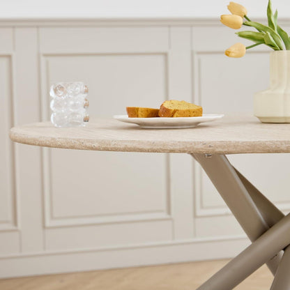 Rundes Esszimmer-Set mit 4 Leinenstühlen – Hellgelb & Grau