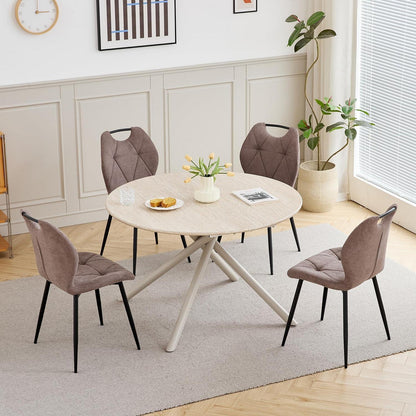 Rundes Esszimmer-Set mit 4 Leinenstühlen – Hellgelb & Braun
