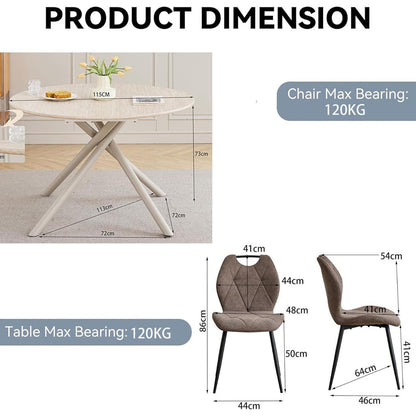 Rundes Esszimmer-Set mit 4 Leinenstühlen – Hellgelb & Braun