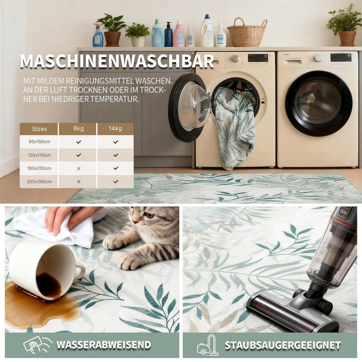 Großer Wohnzimmer Teppich 180x250 cm - Waschbar, Rutschfest & Botanisch