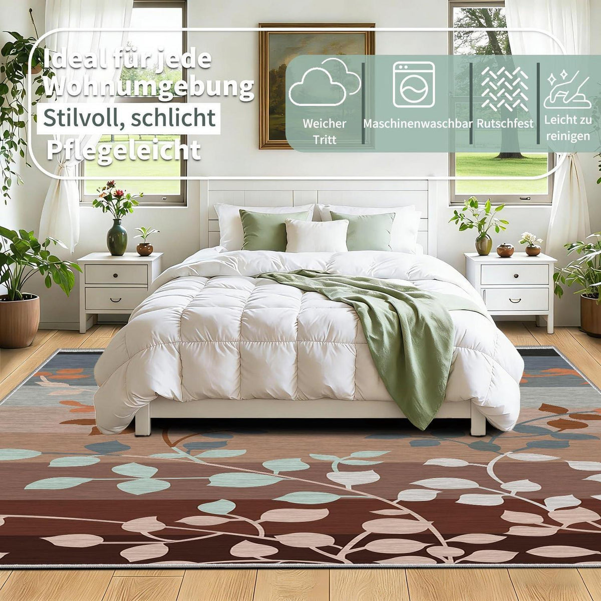 Waschbarer Teppich Wohnzimmer Braun Grau Blätter 180x250 cm