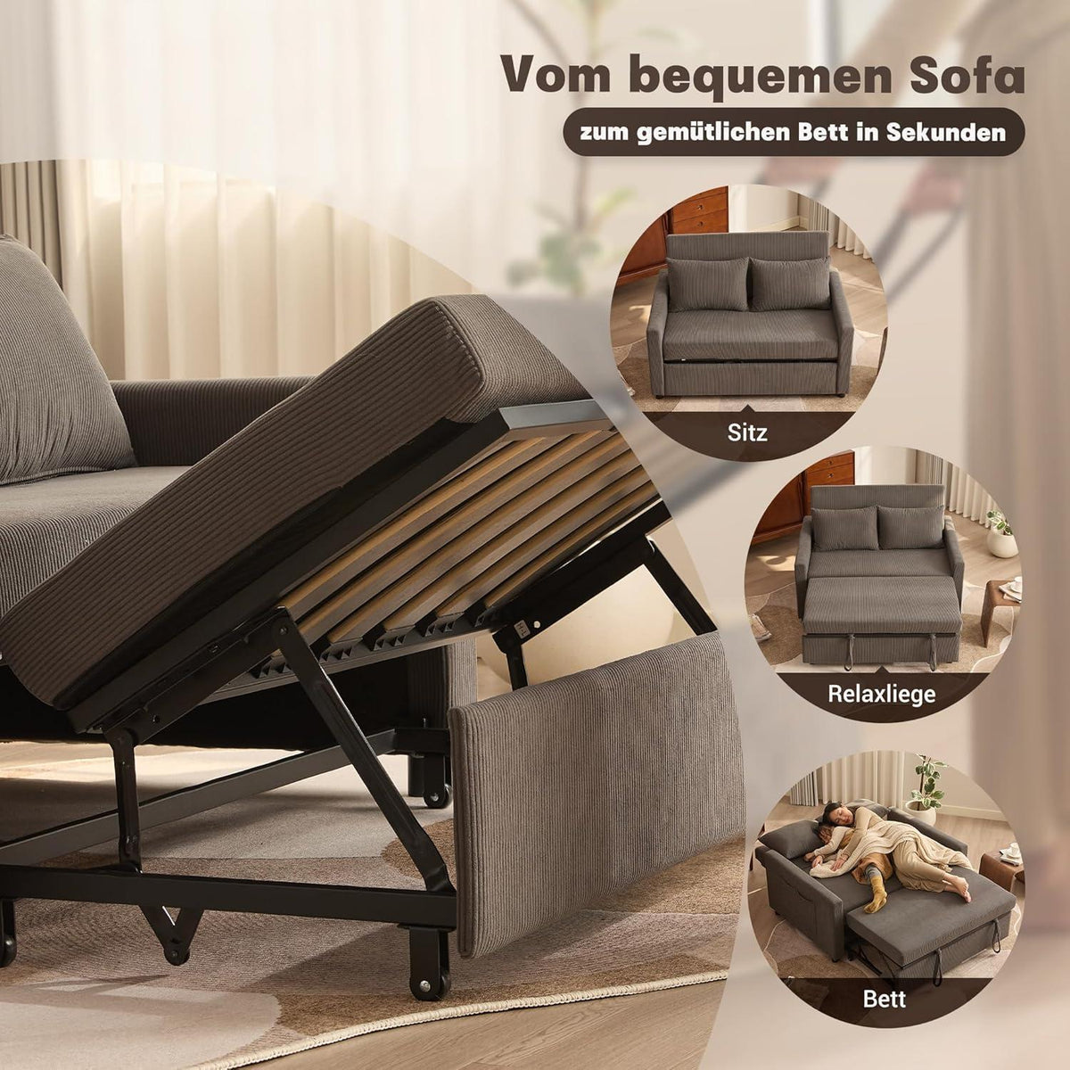 Schlafsofa 2-Sitzer Grau – Ausziehbare Schlafcouch mit Verstelllehne