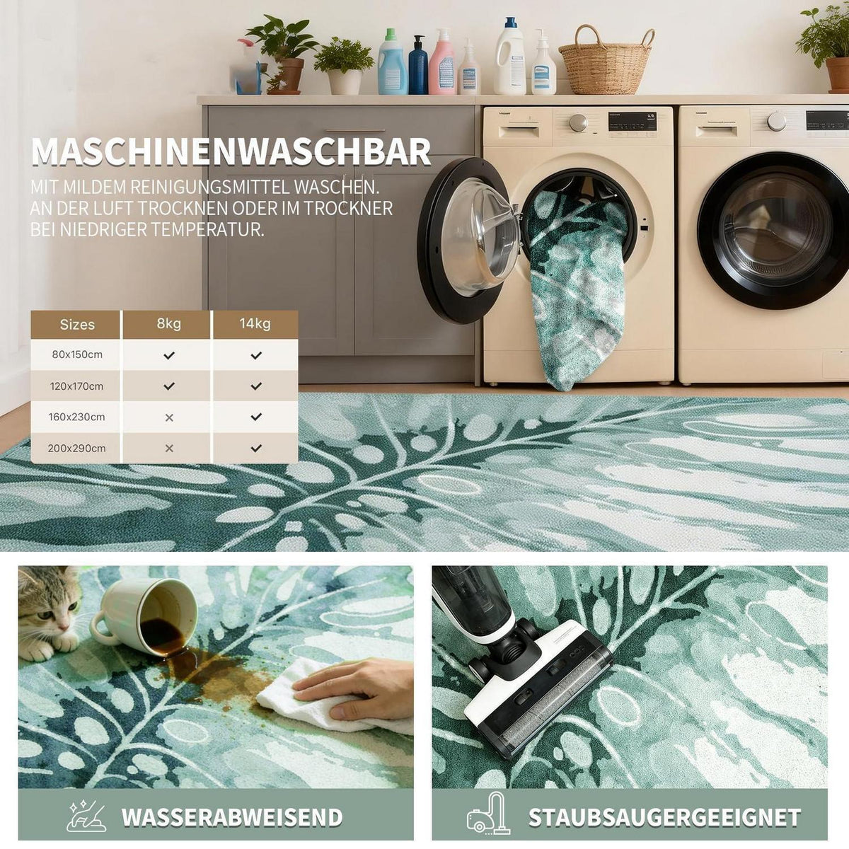 Grüner Kurzflor Teppich 180x250cm – Waschbar & Rutschfest