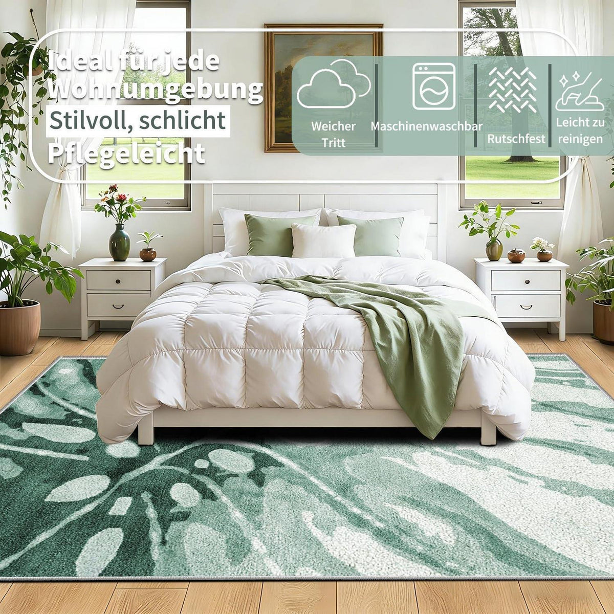 Grüner Kurzflor Teppich 180x250cm – Waschbar & Rutschfest