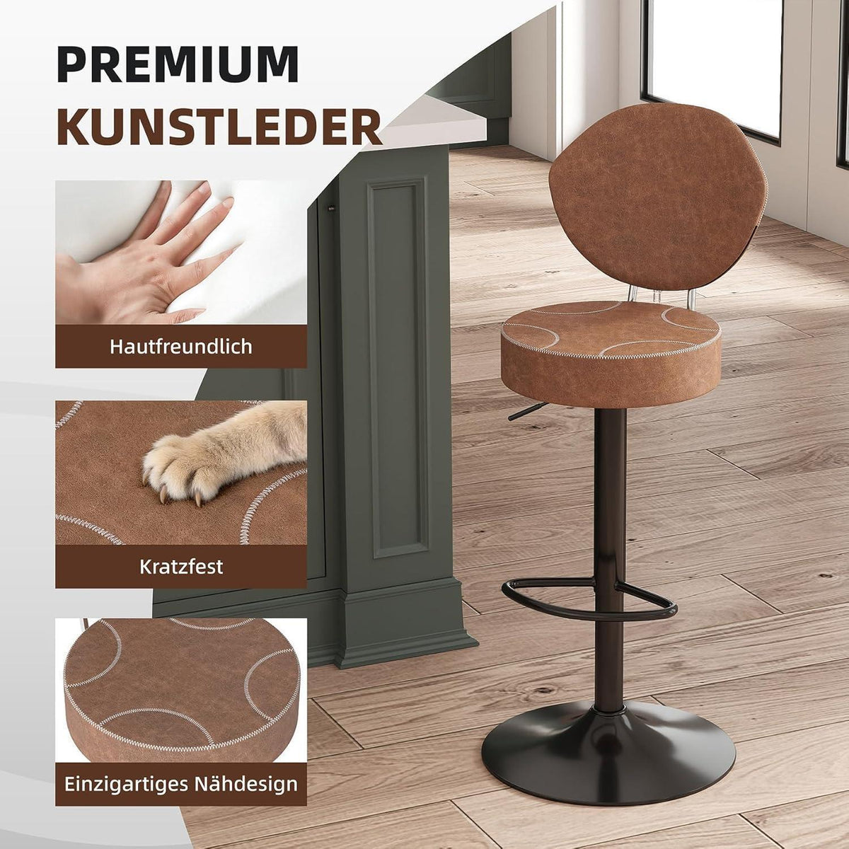 Drehbarer Barhocker mit Rückenlehne, Höhenverstellbar, Braun