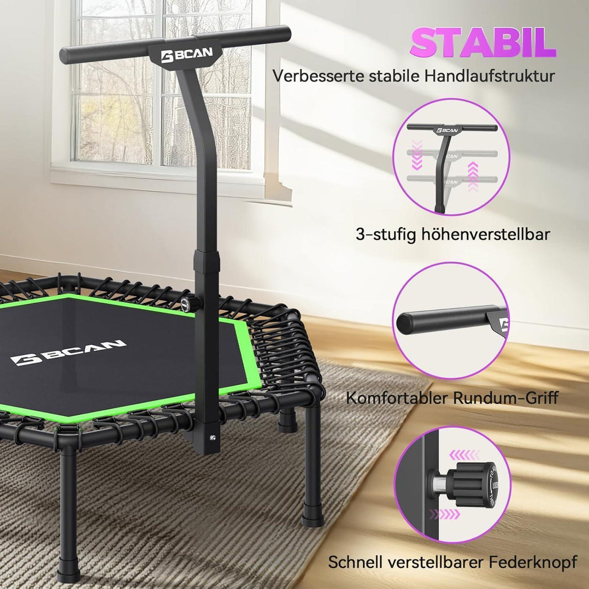 Fitness Trampolin Indoor mit verstellbarem Griff & Gummiseilen