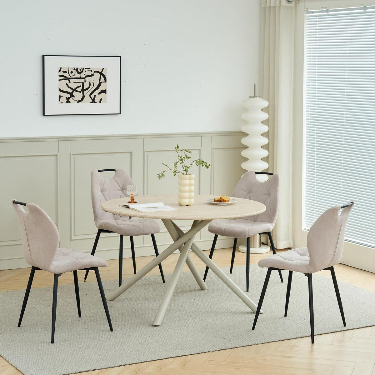 Rundes Esszimmer-Set mit 4 Leinenstühlen – Hellgelb & Beige
