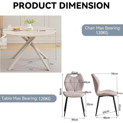 Rundes Esszimmer-Set mit 4 Leinenstühlen – Hellgelb & Beige