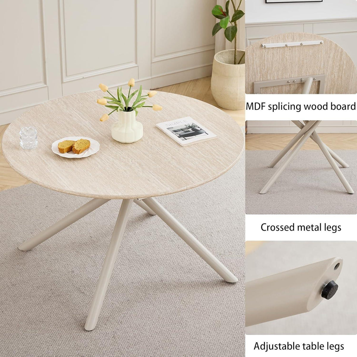 Rundes Esszimmer-Set mit 4 Leinenstühlen – Hellgelb & Beige