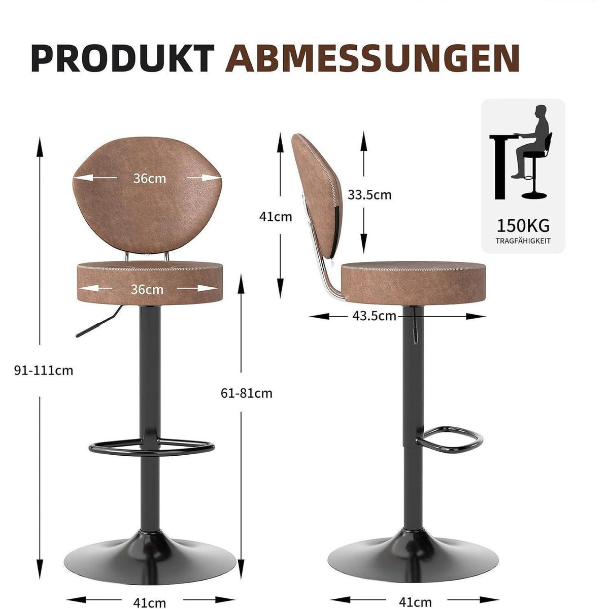 Höhenverstellbarer Barhocker 3er-Set Braun in Lederoptik