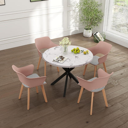 Nordisches Esstisch Set mit 4 gepolsterten Stühlen (Marmor-BK + Rosa)
