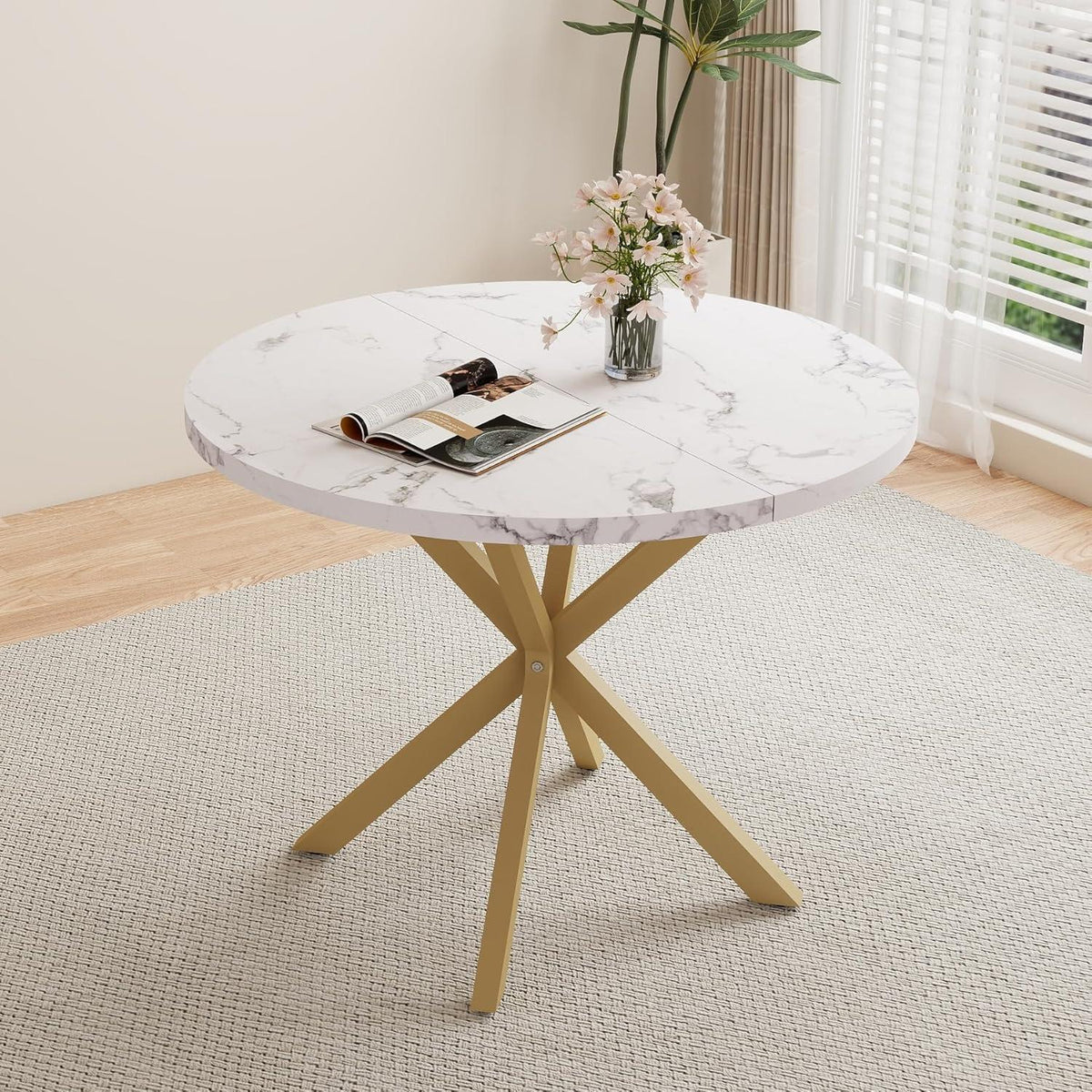 Nordisches Esszimmer Set: Runder Tisch (100x100cm) + 4 Stühle