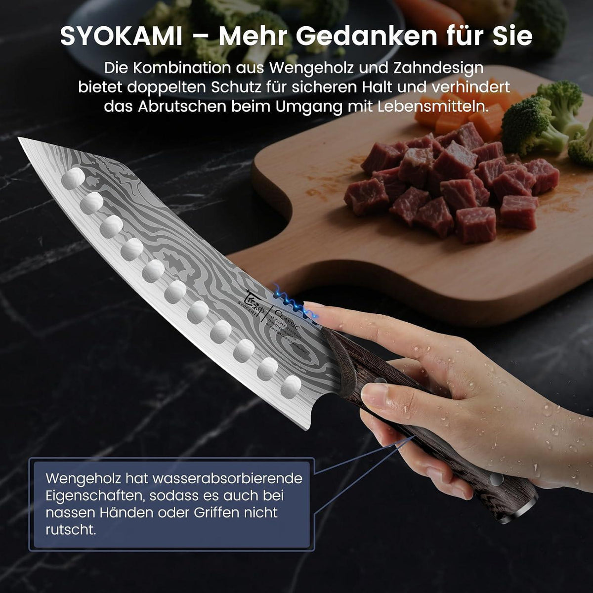 Japanisches Küchenmesser Set | 3-teilig | Damaststahl & Holzgriff