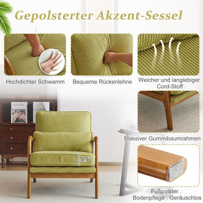 Gepolsterter Cord-Sessel Grün | Bequemer Lounge- & Lesesessel