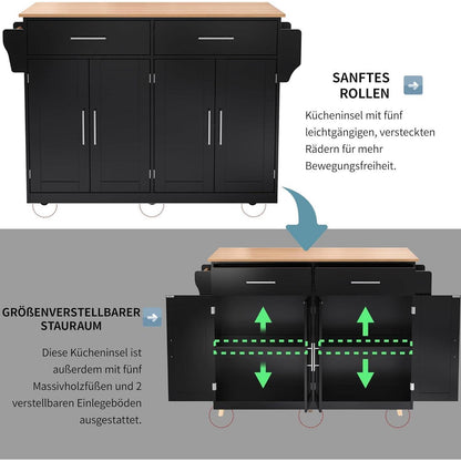 Kücheninsel mit Klappplatte & Rollen – Schwarz 136x71x91.5cm