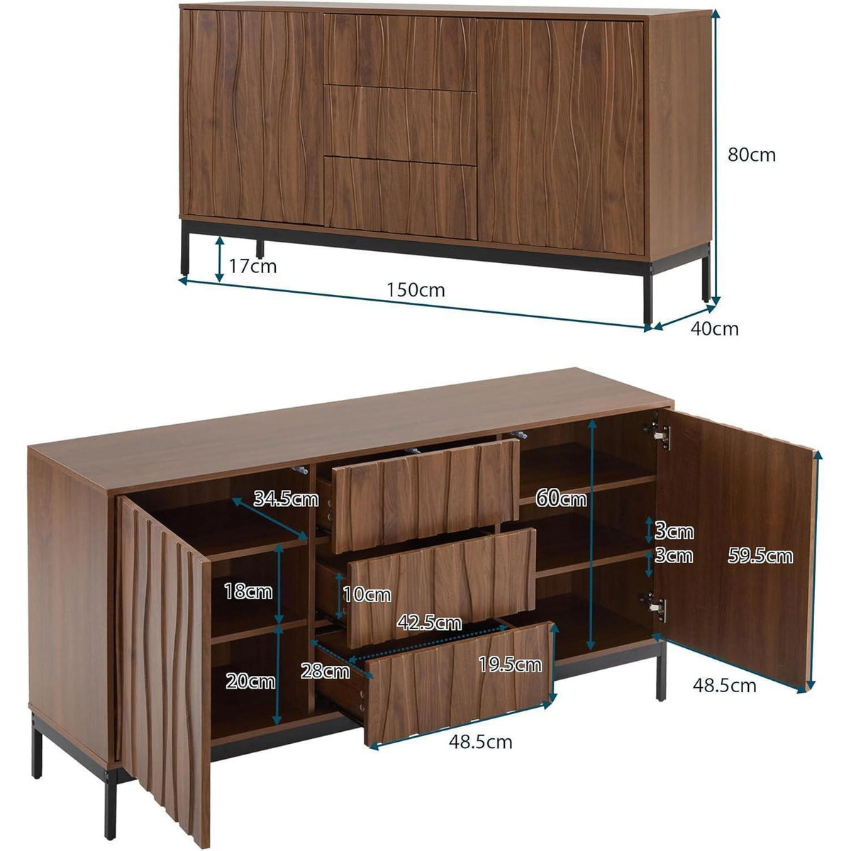 Sideboard Eiche dunkel - 150cm, 3 Schubladen & verstellbare Regale