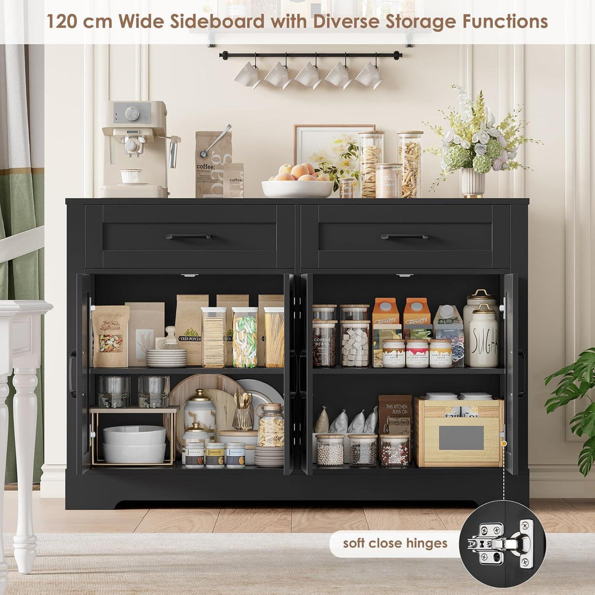 Küchenbuffet Sideboard mit 2 Schubladen & 4 Türen Schwarz
