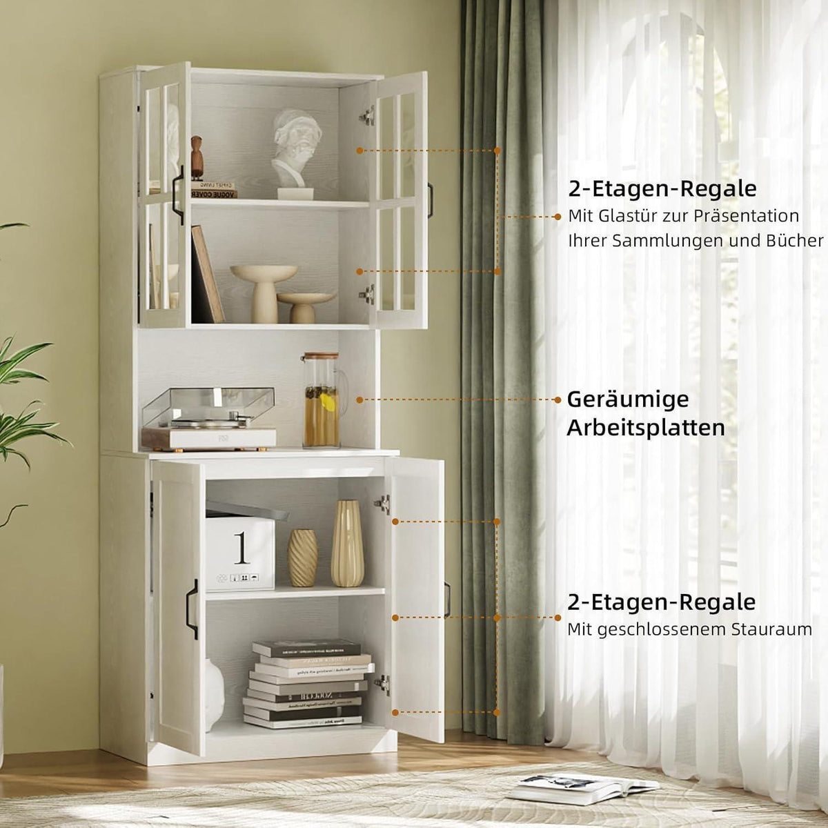 Bücherregal mit Glastüren & Arbeitsplatte – 180cm Hochschrank