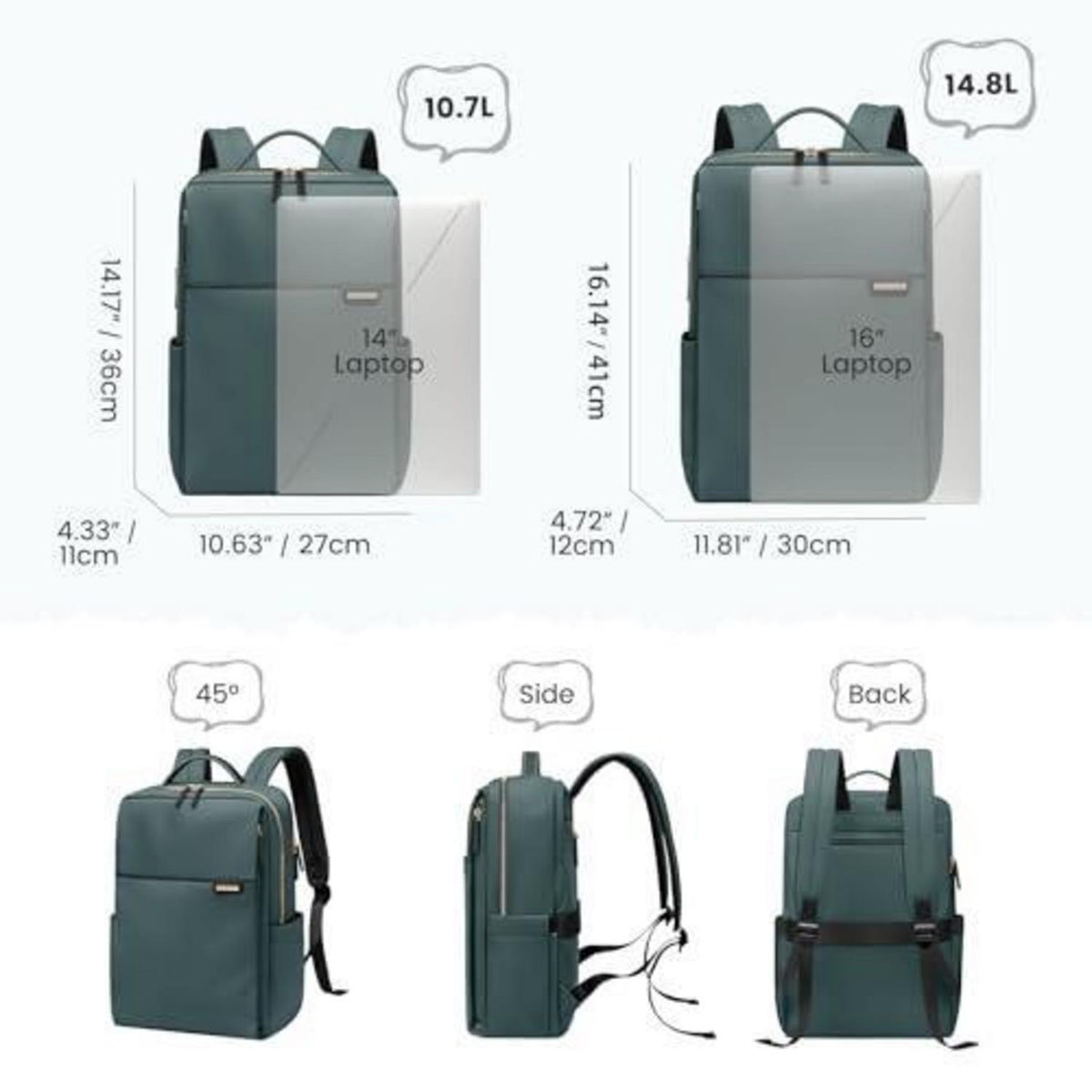 Laptop Rucksack Damen Herren Wasserdicht 14 Zoll Dunkelgrün