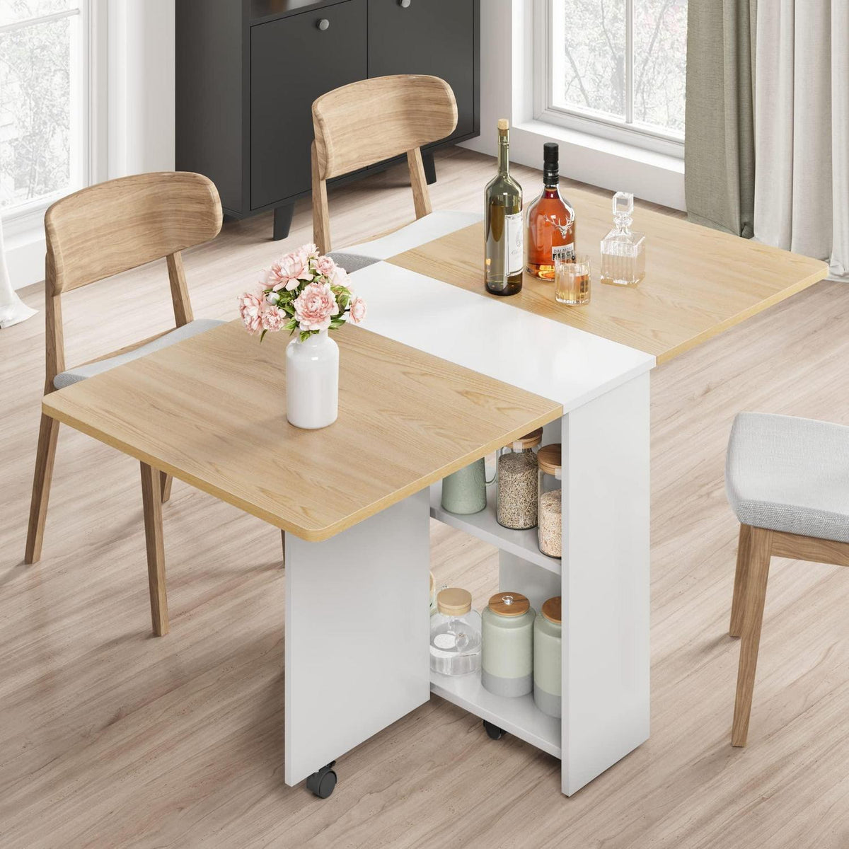 Klappbarer Esstisch mit Rollen & Ablage – Naturholzfarbe