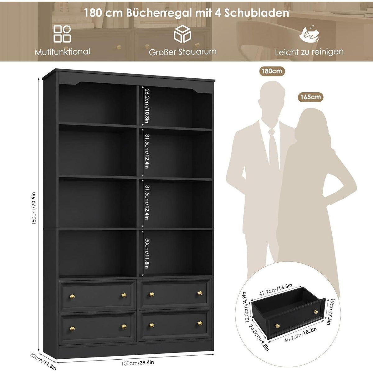Bücherregal 180 cm mit 4 Schubladen & 8 Fächern – Schwarz