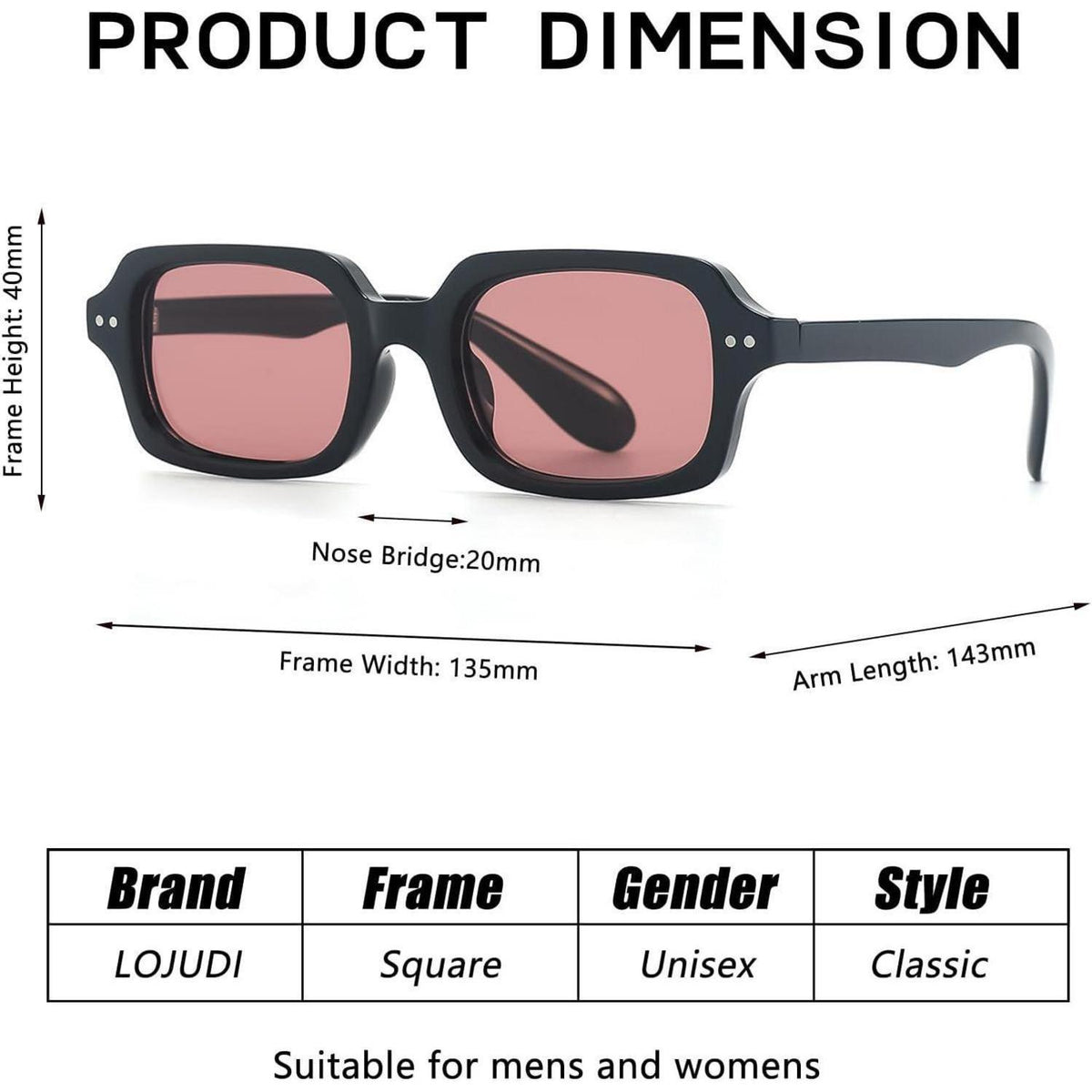 Retro Sonnenbrille Eckig - Schwarz-Rosa mit UV400 Schutz