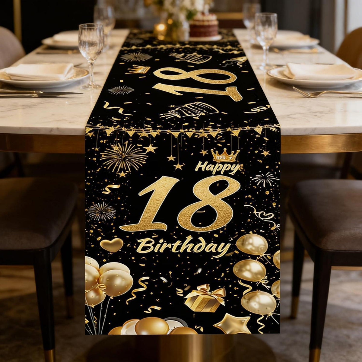 Tischläufer 18. Geburtstag Schwarz Gold | Partydeko zum 18. Geburtstag