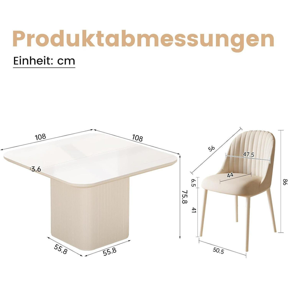 Guyii Quadratischer Esstisch Cremeweiß mit 2 Stühlen