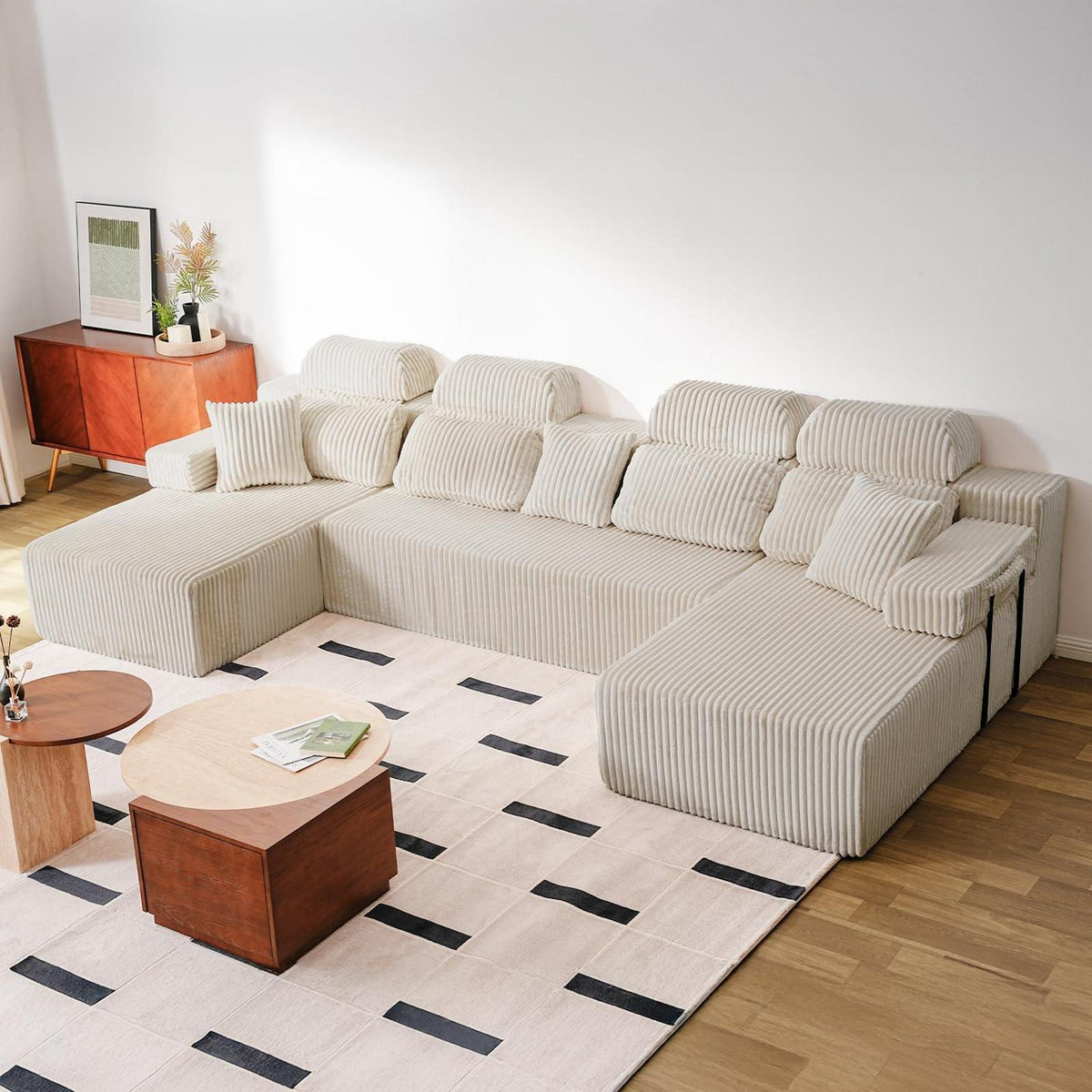 360cm U-förmiges Cord Sofa mit hoher Rückenlehne & Ottomane