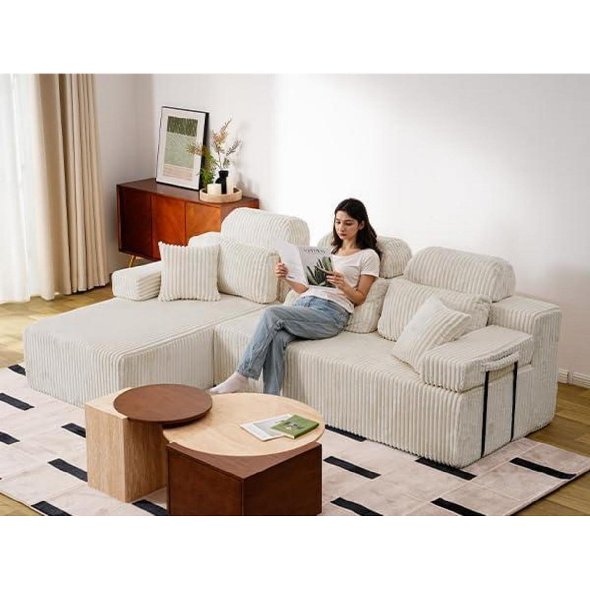 360cm U-förmiges Cord Sofa mit hoher Rückenlehne & Ottomane