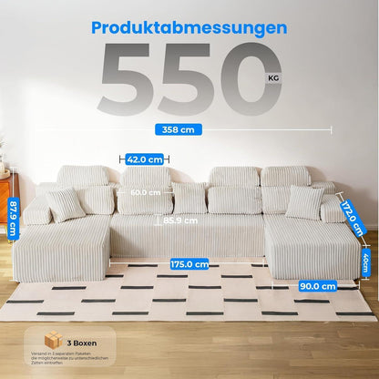 360cm U-förmiges Cord Sofa mit hoher Rückenlehne & Ottomane
