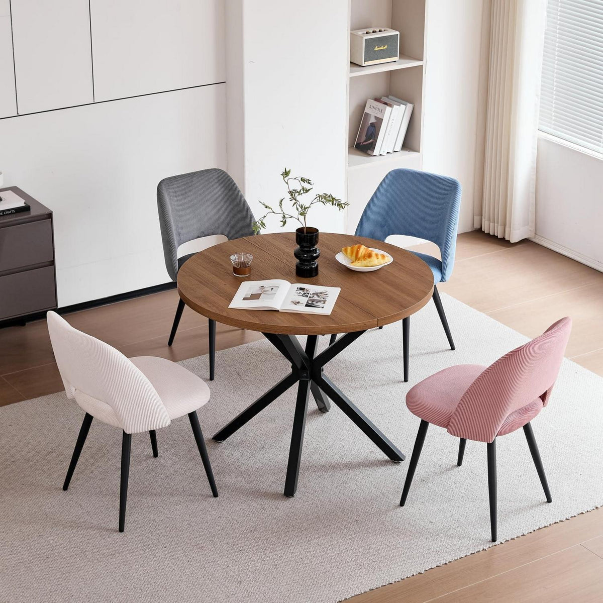 Runder Esstisch Set mit 4 Cord-Stühlen – Modern & Komfortabel