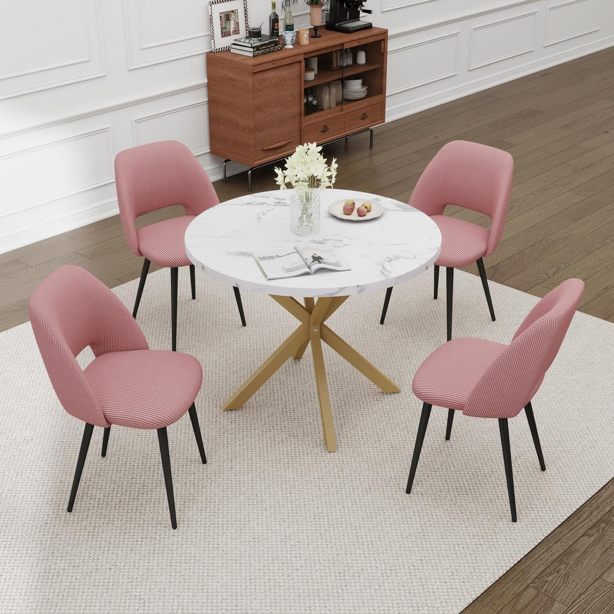 Runder Esstisch Set mit 4 Cord-Stühlen – Rosa & Marmor