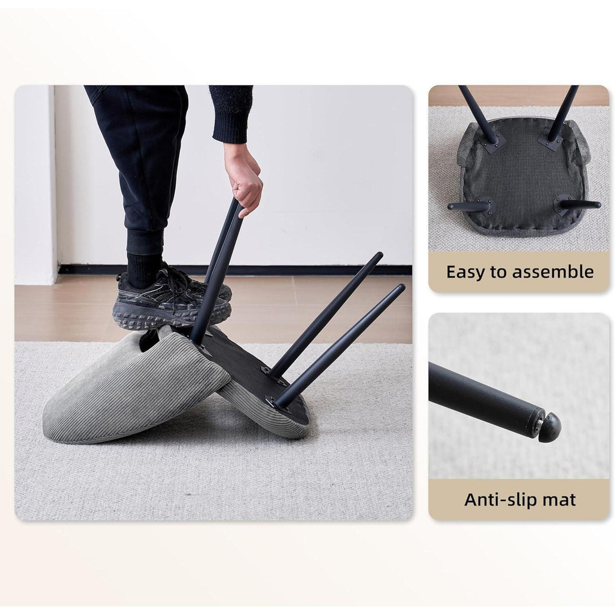 Runder Esstisch Set mit 4 Cord-Stühlen – Grau/Marmormuster
